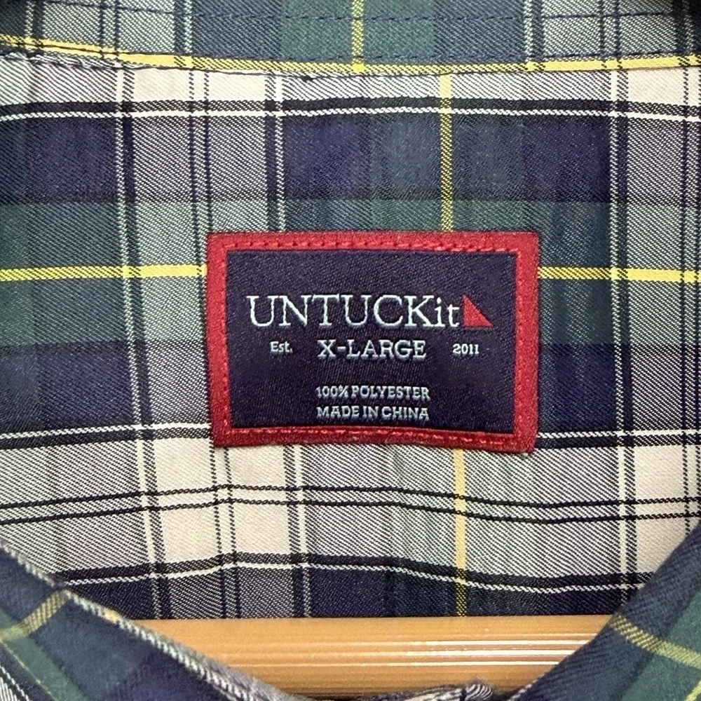 Untuckit Dole Shirt Mens XL Green Plaid 100% Polyester Long Sleeve Button Down - Picture 3 of 8